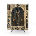 Wiccan celestial altar with moon phases chalice and crystals shower curtain with full front view
