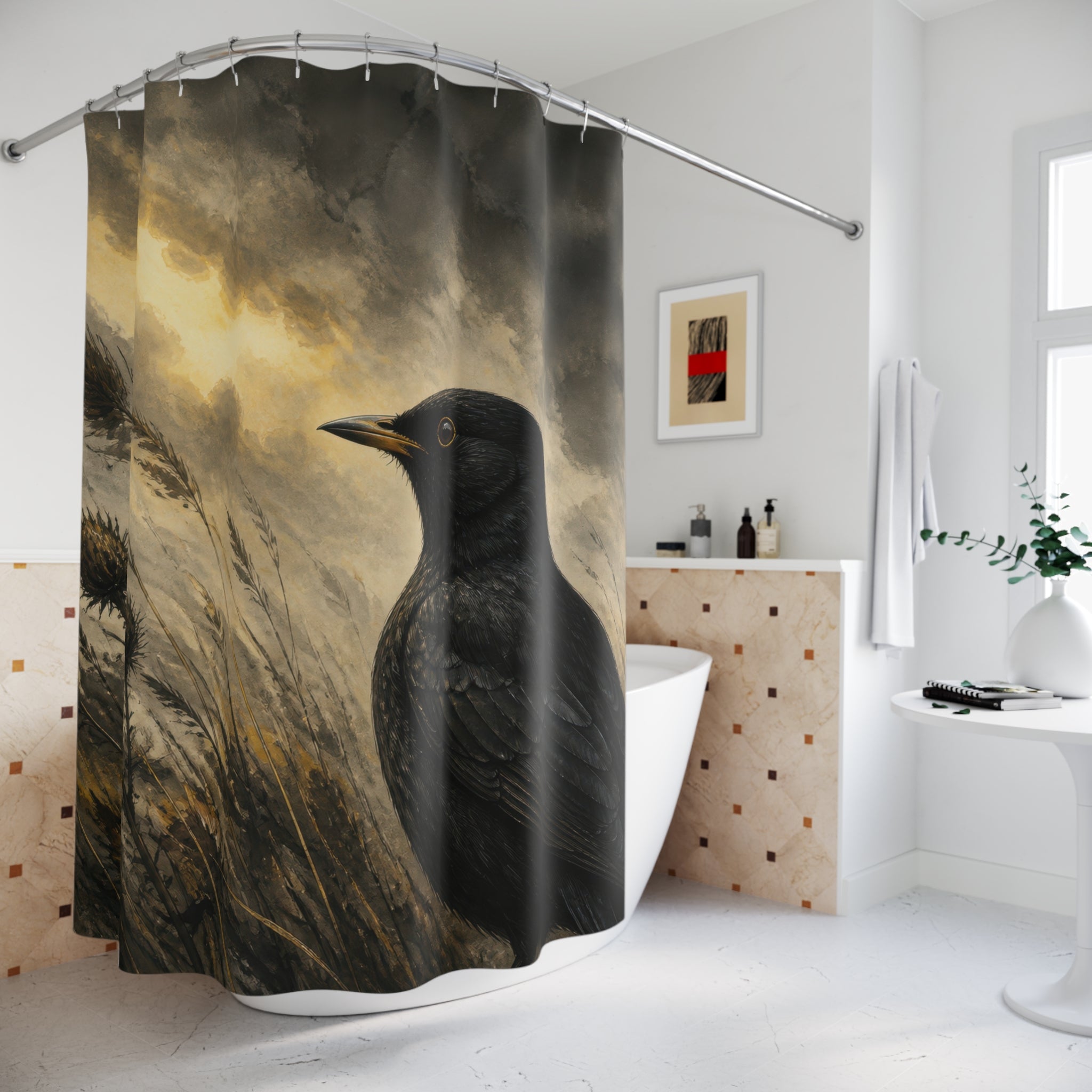Blackbird portrait in windswept thistles under a golden storm shower curtain beside a freestanding tub