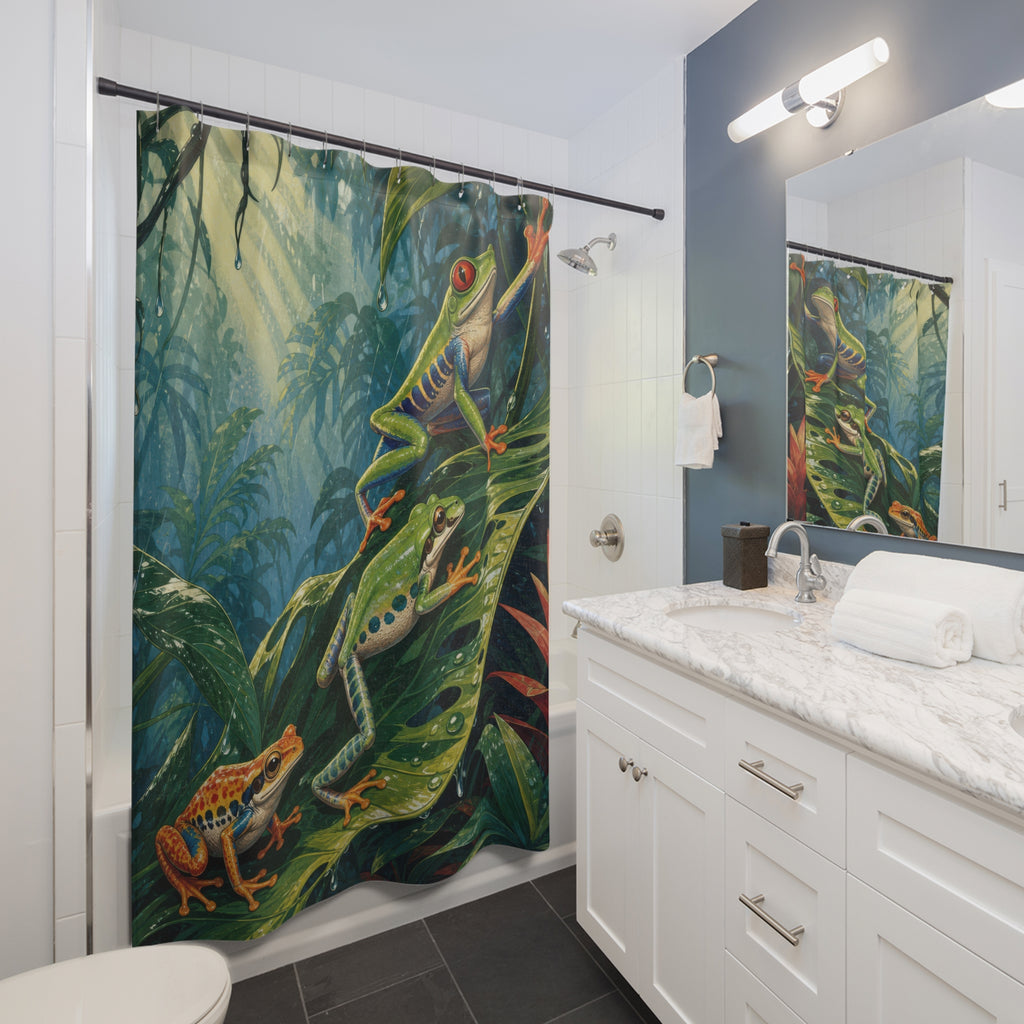 Colorful tree frogs climbing tropical leaves shower curtain beside a white vanity