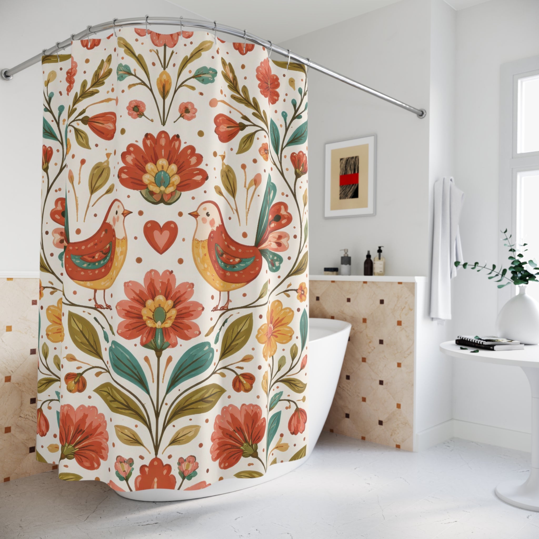 Folk Art Bird Shower Curtain – Teal and Terracotta