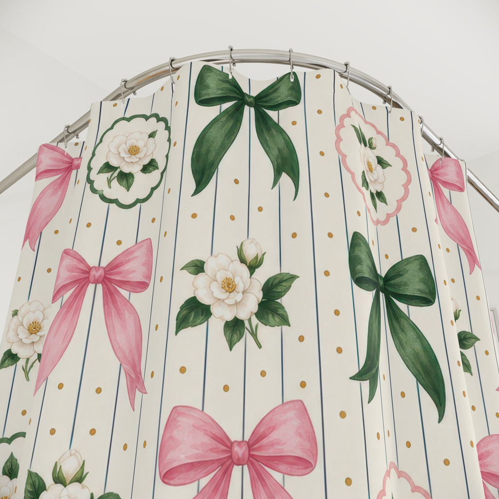 Sorority Shower Curtain, Preppy Pink Green Bow Pattern