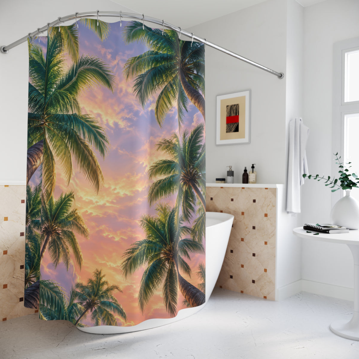 Green palm canopy around a pink and lavender sunset sky shower curtain beside a freestanding tub