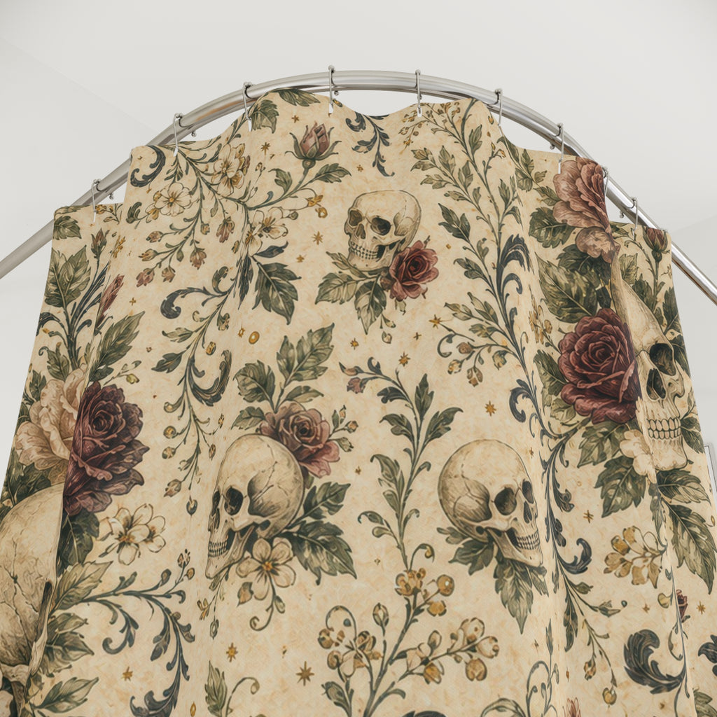 Skull Rose Gothic Floral Cottage Cottagecore Beige Black Shower Curtain