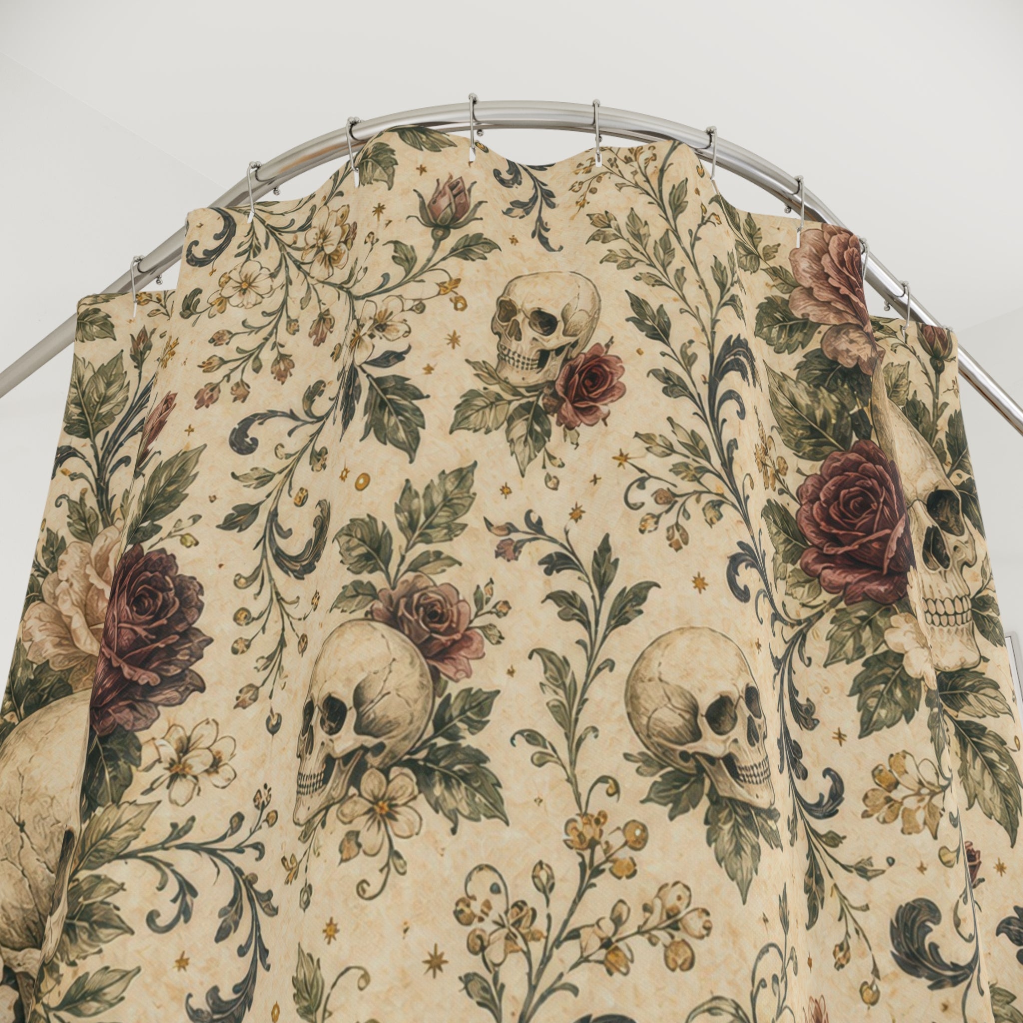 Skull Rose Gothic Floral Cottage Cottagecore Beige Black Shower Curtain