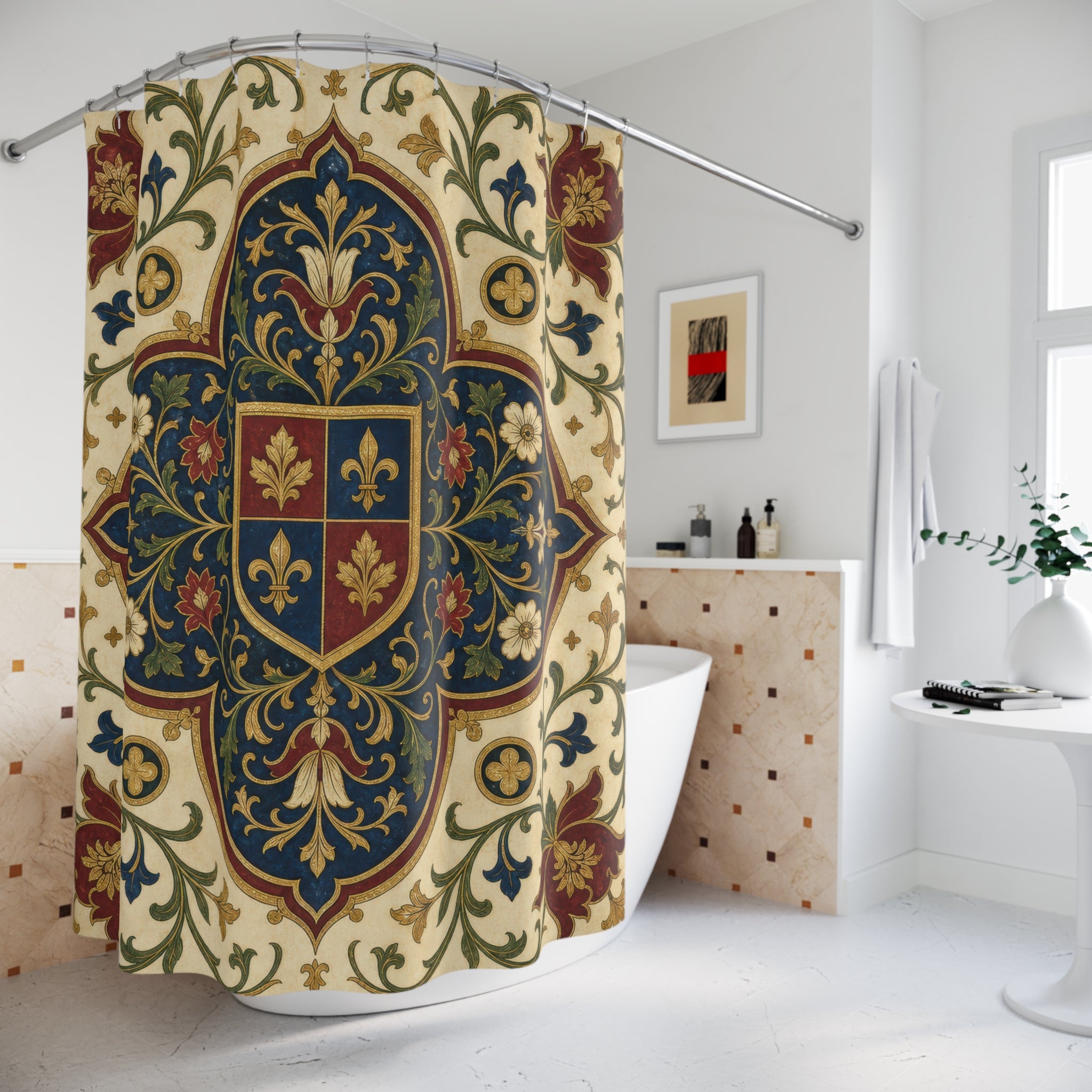 Navy Blue Gold Tapestry Medieval Shower Curtain