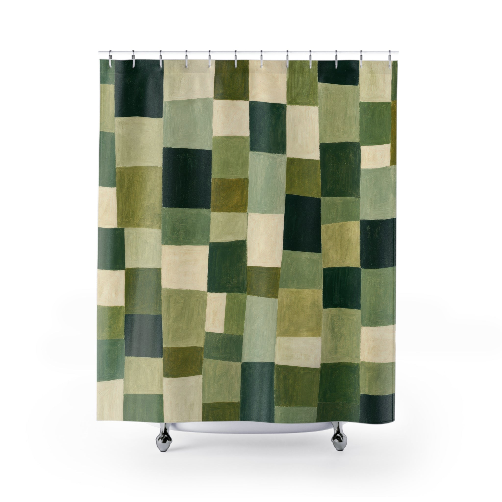 Olive Cream Patchwork Check Shower Curtain