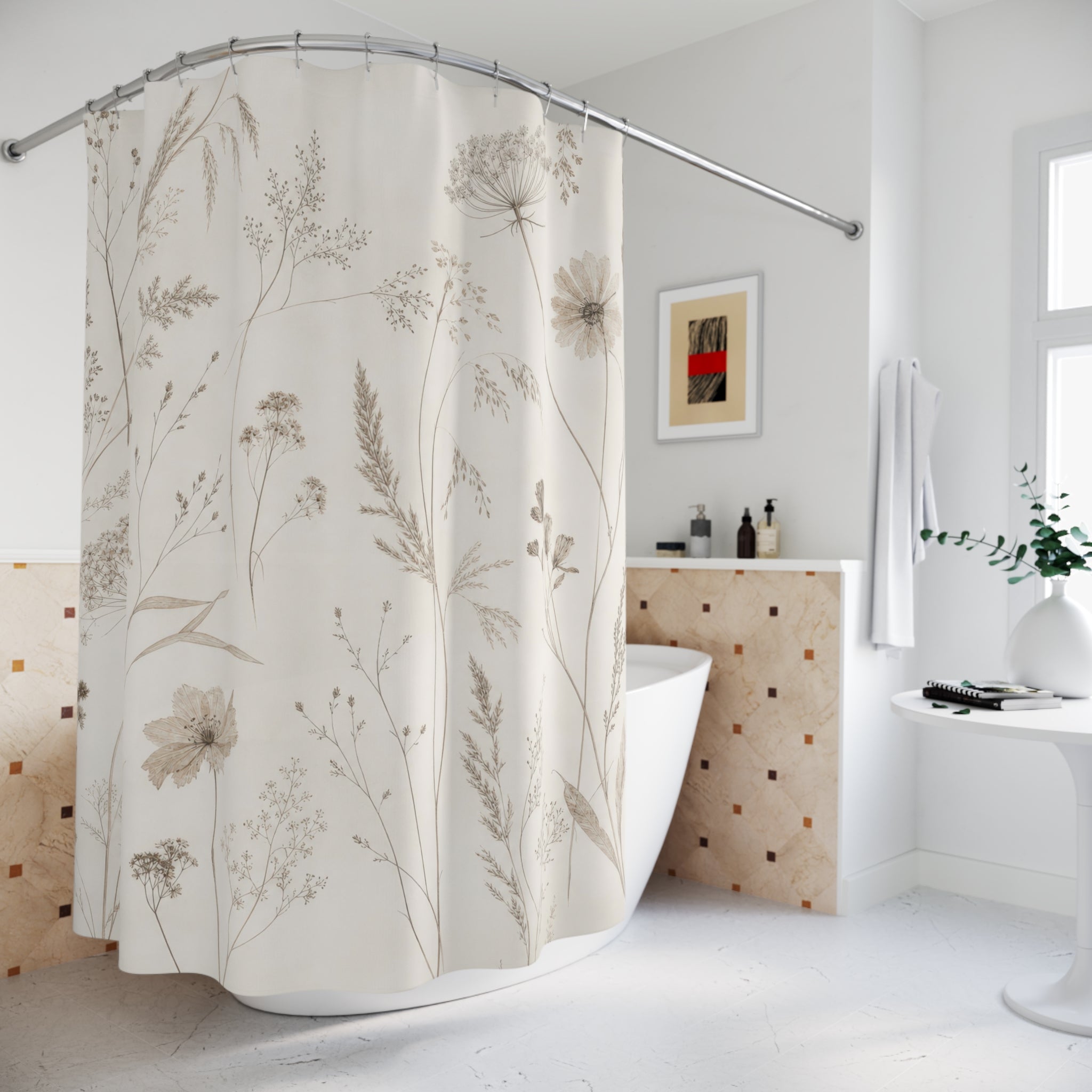 Off White Wildflower Line Shower Curtain
