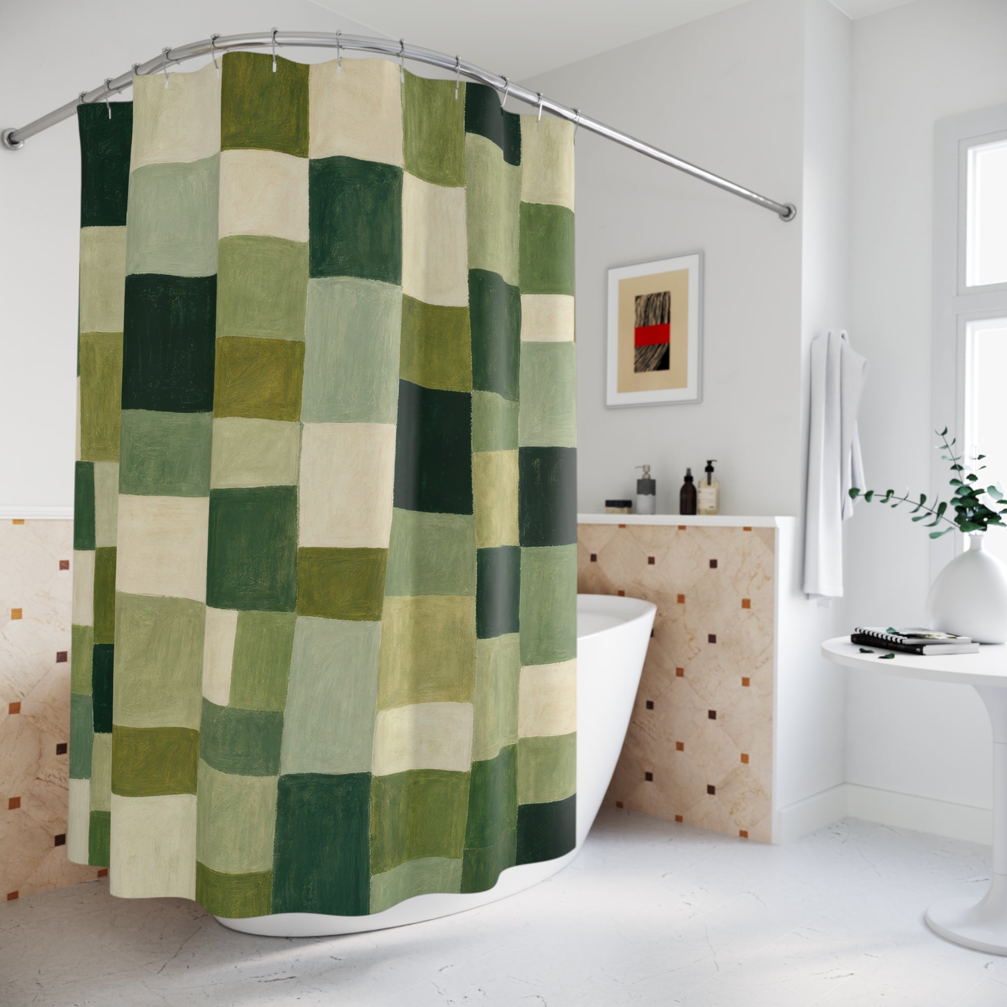 Olive Cream Patchwork Check Shower Curtain