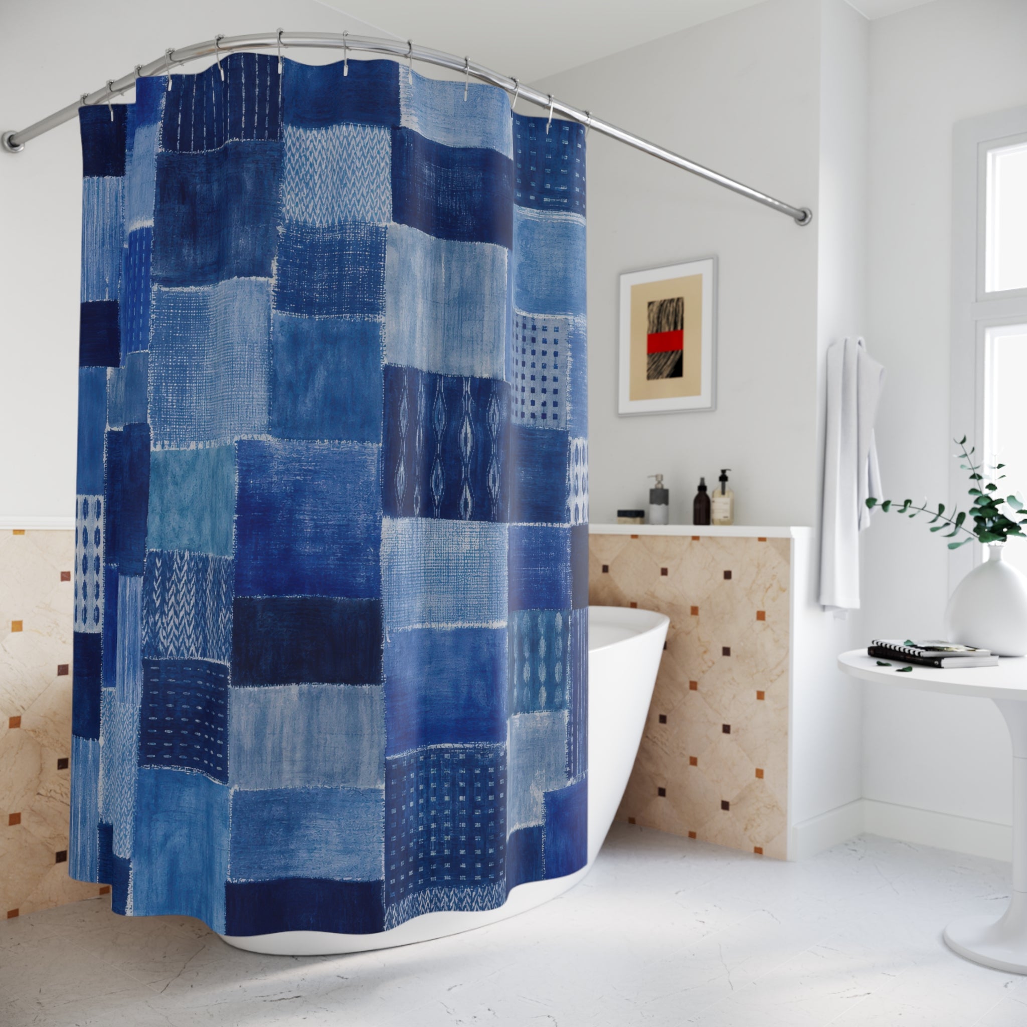 Blue Patchwork Shower Curtain, Denim Blue Modern Bathroom Decor, Patchwork Pattern Bath Curtain, Guest Bath Decor, Small Bathroom Decor