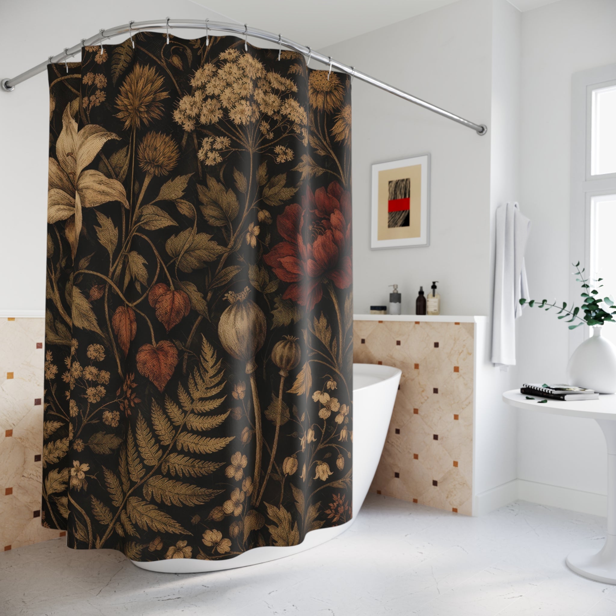 Dark Academia Wildflower Shower Curtain – Near-Black Botanical