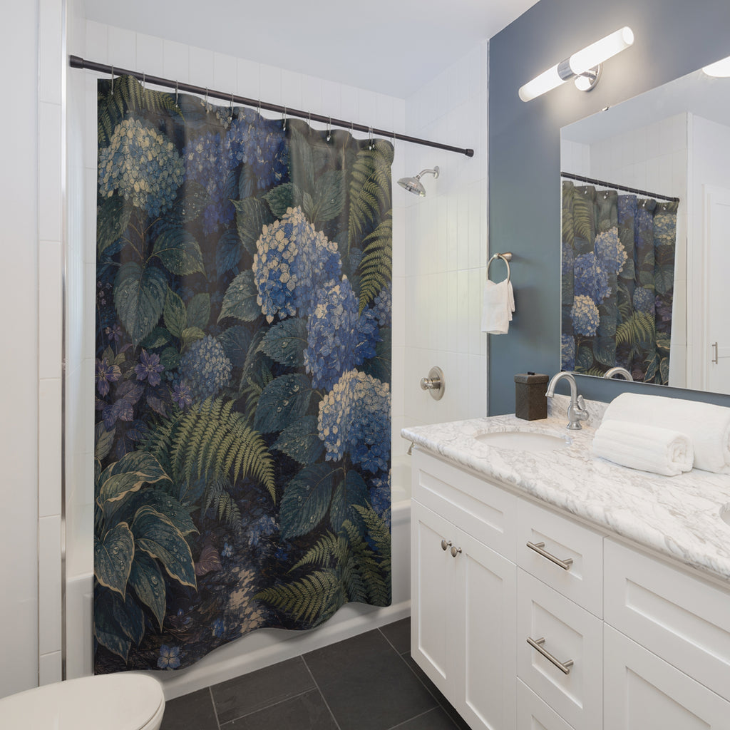 Woodblock Hydrangea Fern Garden Shower Curtain