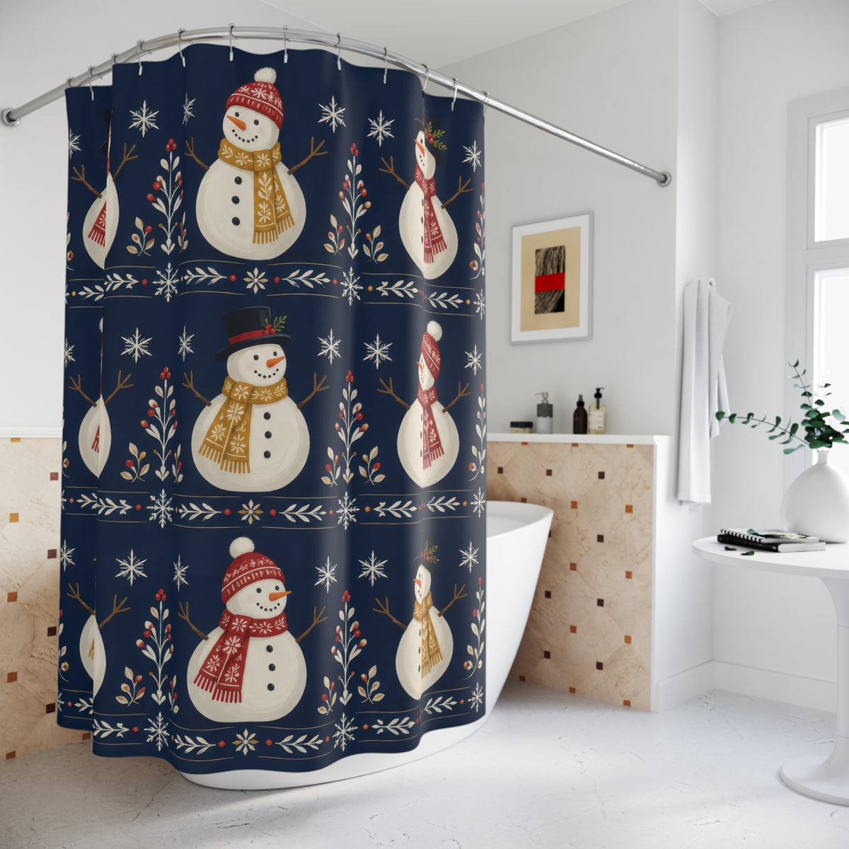 Ivory snowmen with red and gold scarves on navy shower curtain beside a freestanding tub