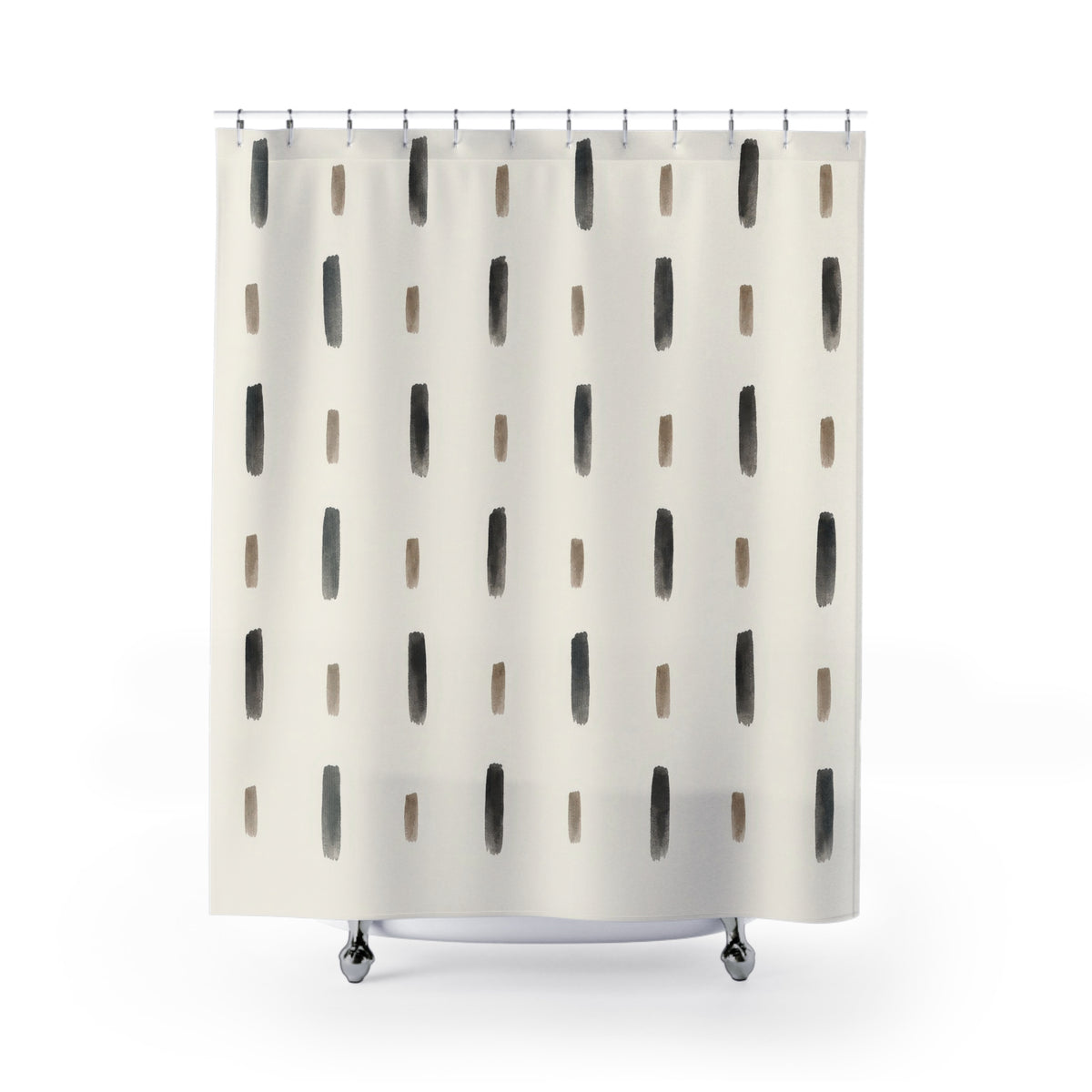 Charcoal and taupe ink dashes in spaced rows on ivory shower curtain with full front view