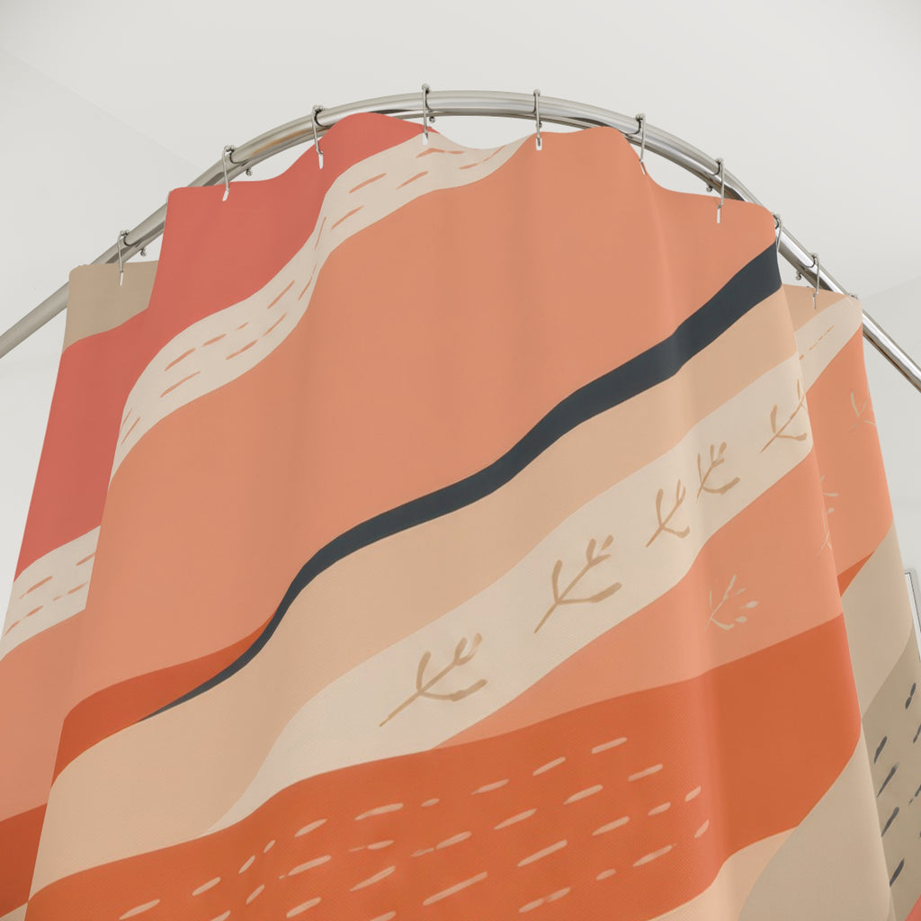 Sweeping coral ribbons with hand-drawn sprig marks shower curtain with close-up print, hooks, and folds
