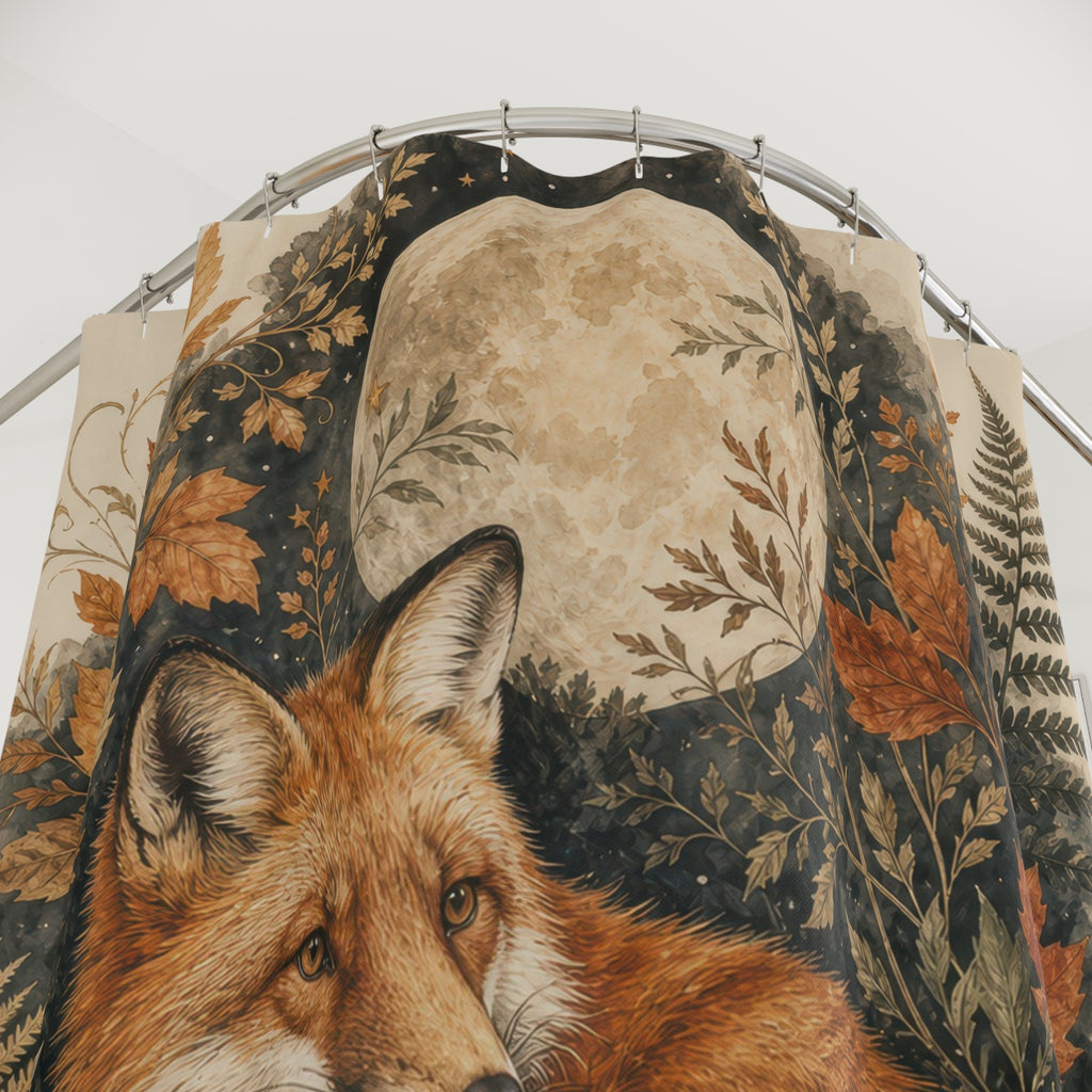 Fox Shower Curtain, Woodland Fox Bath Decor, Rust Orange Forest Botanical Pattern, Moonlit Autumn Fern Mushroom Guest Bathroom Decor
