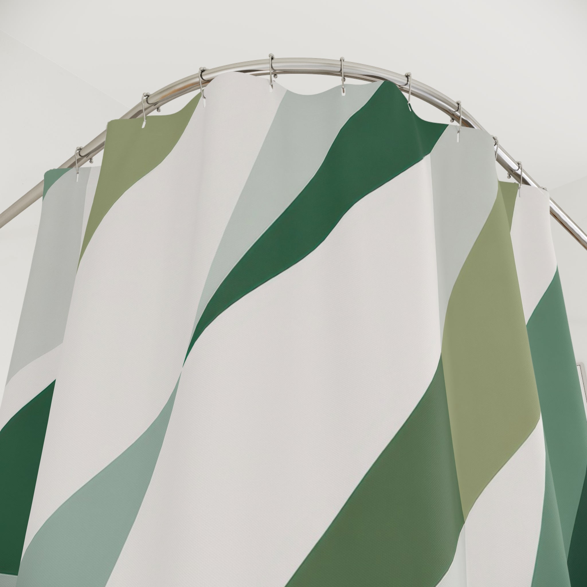 Green Stripe Shower Curtain, White Geometric Bath Decor, Diagonal Sage Pattern, Modern Guest Bathroom Decor, Angled Green Style Decor