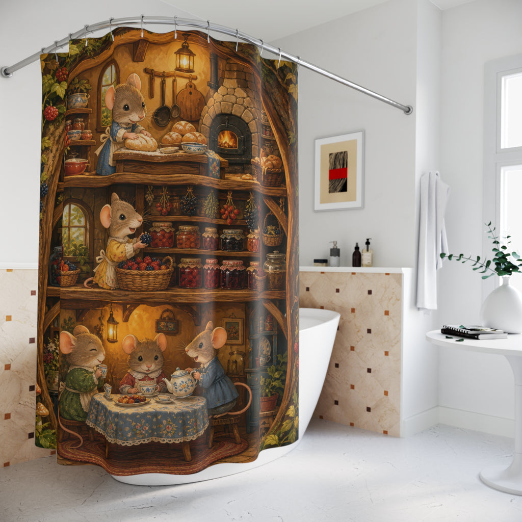 Woodland mice baking bread and sharing tea in a rustic pantry shower curtain styled beside a freestanding tub