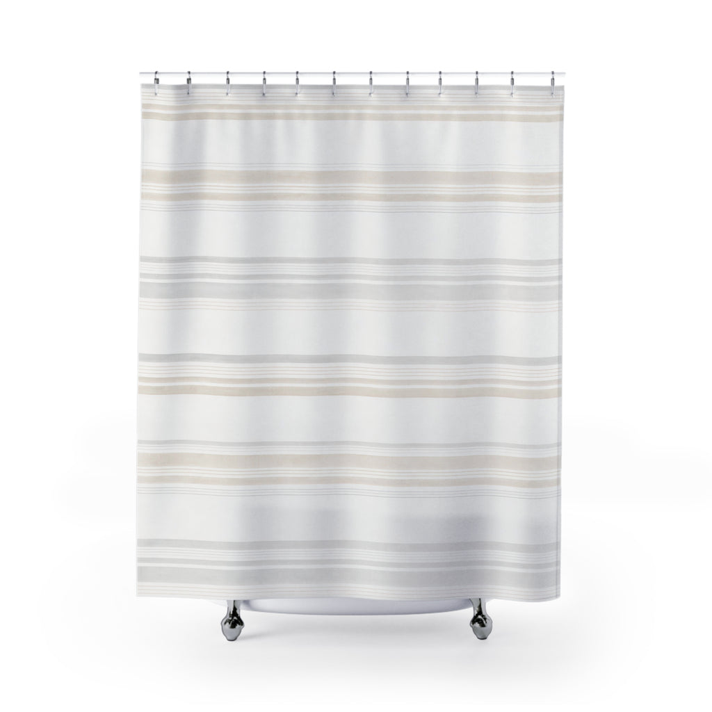 Horizontal Beige Gray Stripe Band Shower Curtain