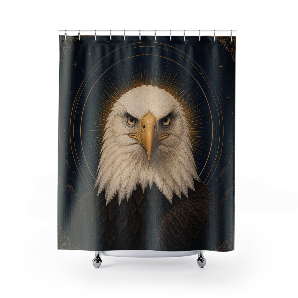 Regal bald eagle portrait on navy and gold shower curtain with full front view