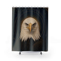 Regal bald eagle portrait on navy and gold shower curtain with full front view