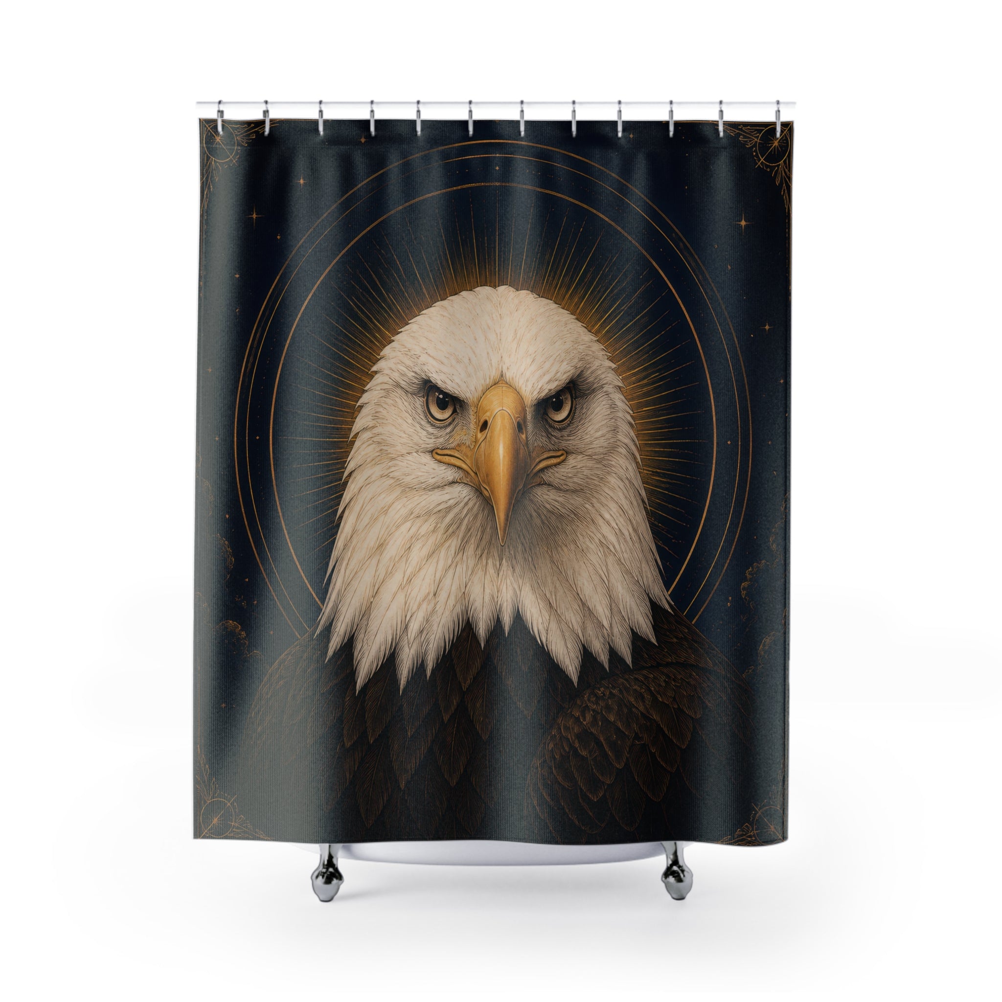 Regal bald eagle portrait on navy and gold shower curtain with full front view