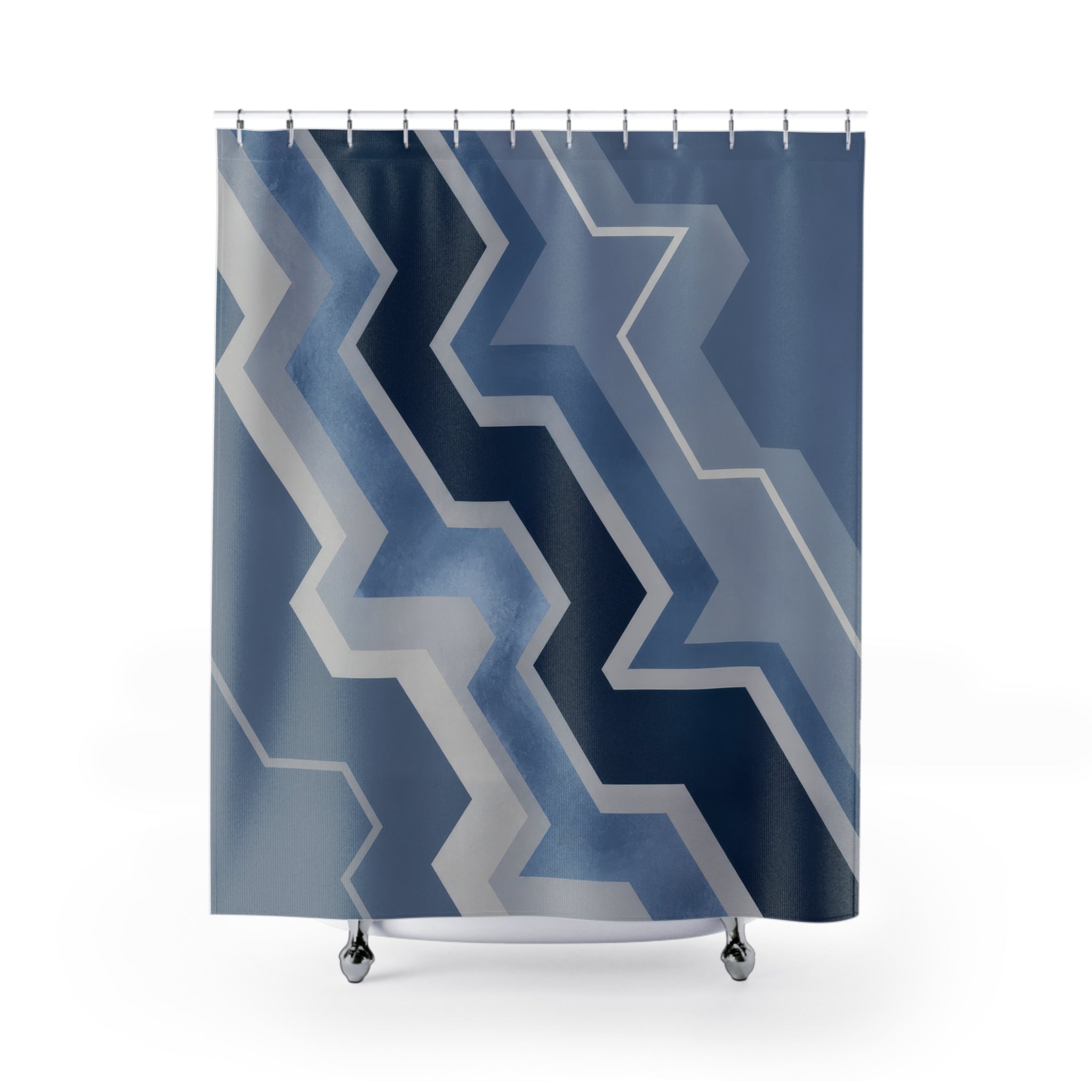 Blue and grey offset zigzag chevrons cascading diagonally shower curtain with full front view