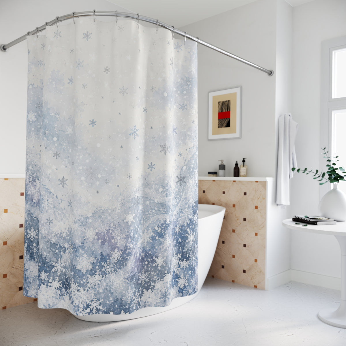 Pale blue watercolor snowfall shower curtain beside a freestanding tub