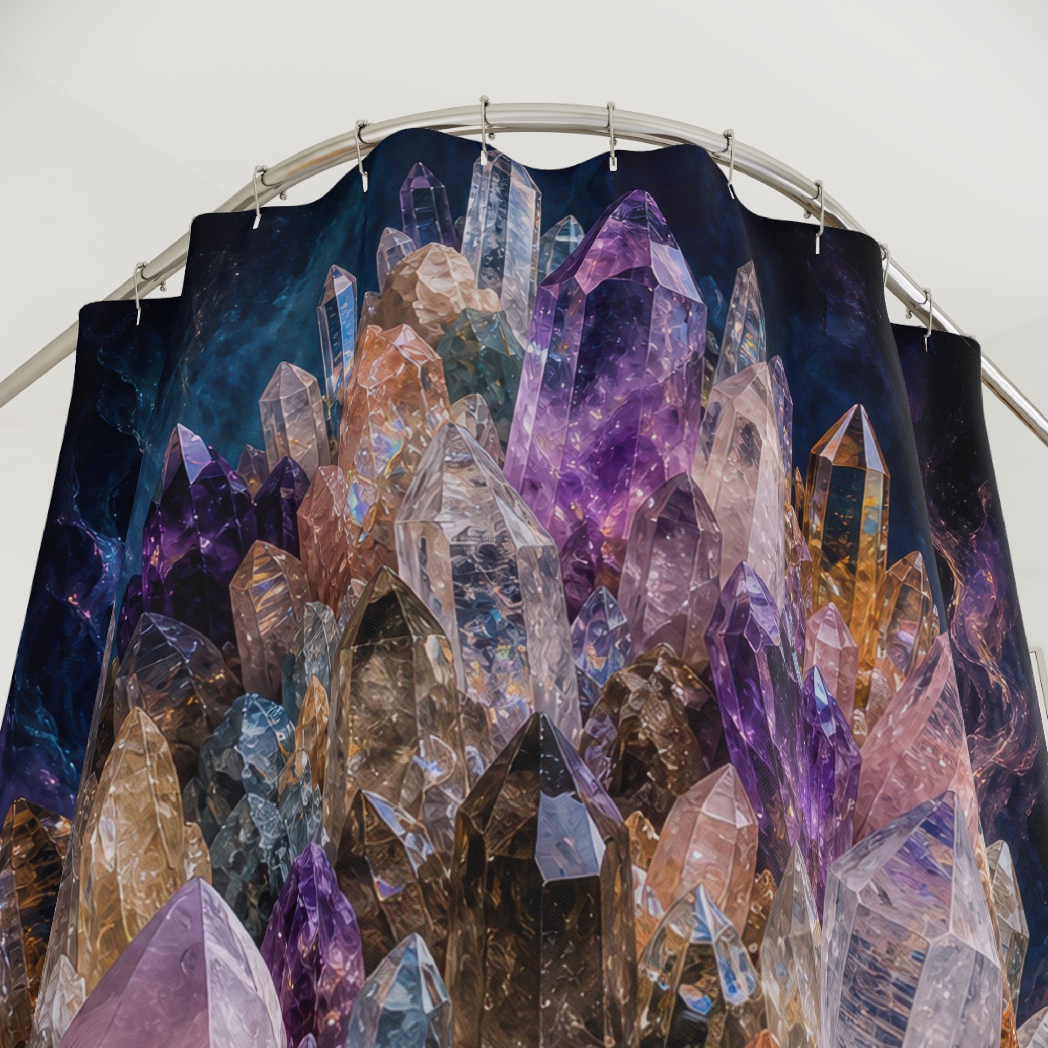 Unique Crystal Shower Curtain, Purple Amethyst Cluster Art, Dark Geode Bathroom Decor, Dramatic Mineral Guest Bath Accent Gift For Home