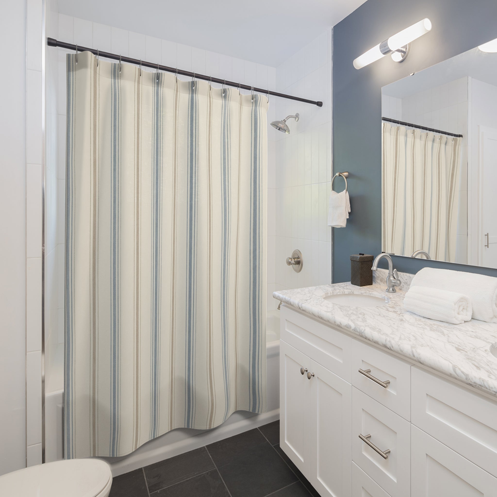 Dusty Blue Taupe Ticking Shower Curtain