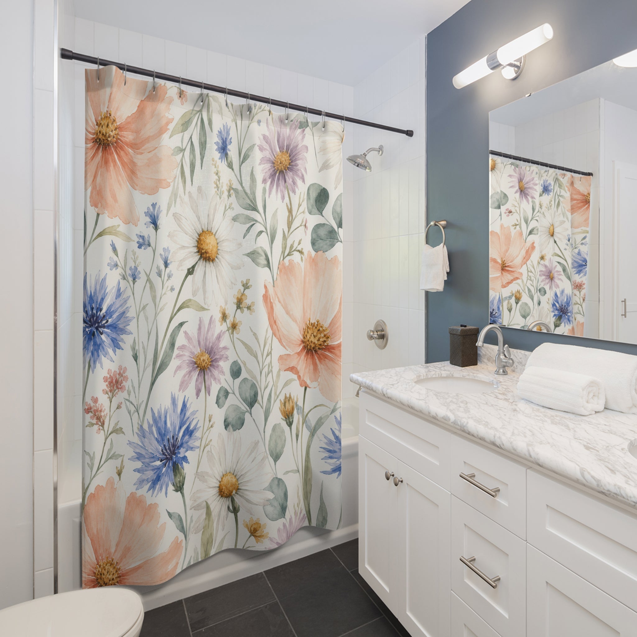 Peach Blue Wildflower Watercolor Shower Curtain