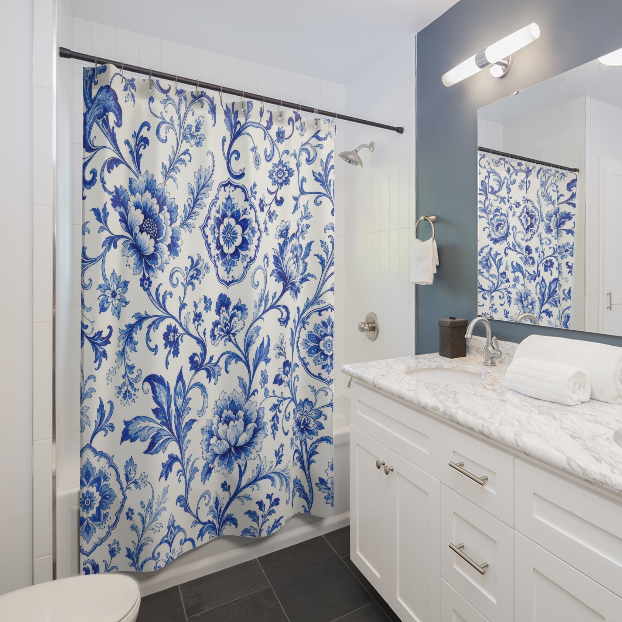 Unique Blue White Shower Curtain, Porcelain Floral Damask Pattern, Classic Tile Inspired Decor, Crisp Guest Bath, Traditional Style
