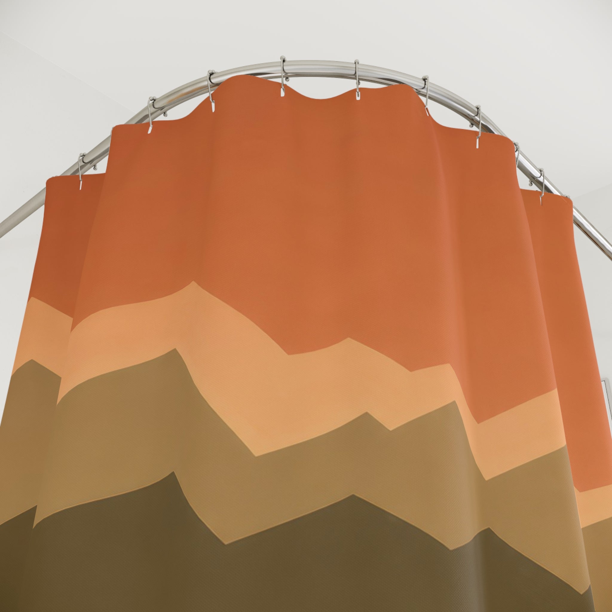 Rust olive and blue stacked broken zigzag horizons shower curtain with close-up print, hooks, and folds