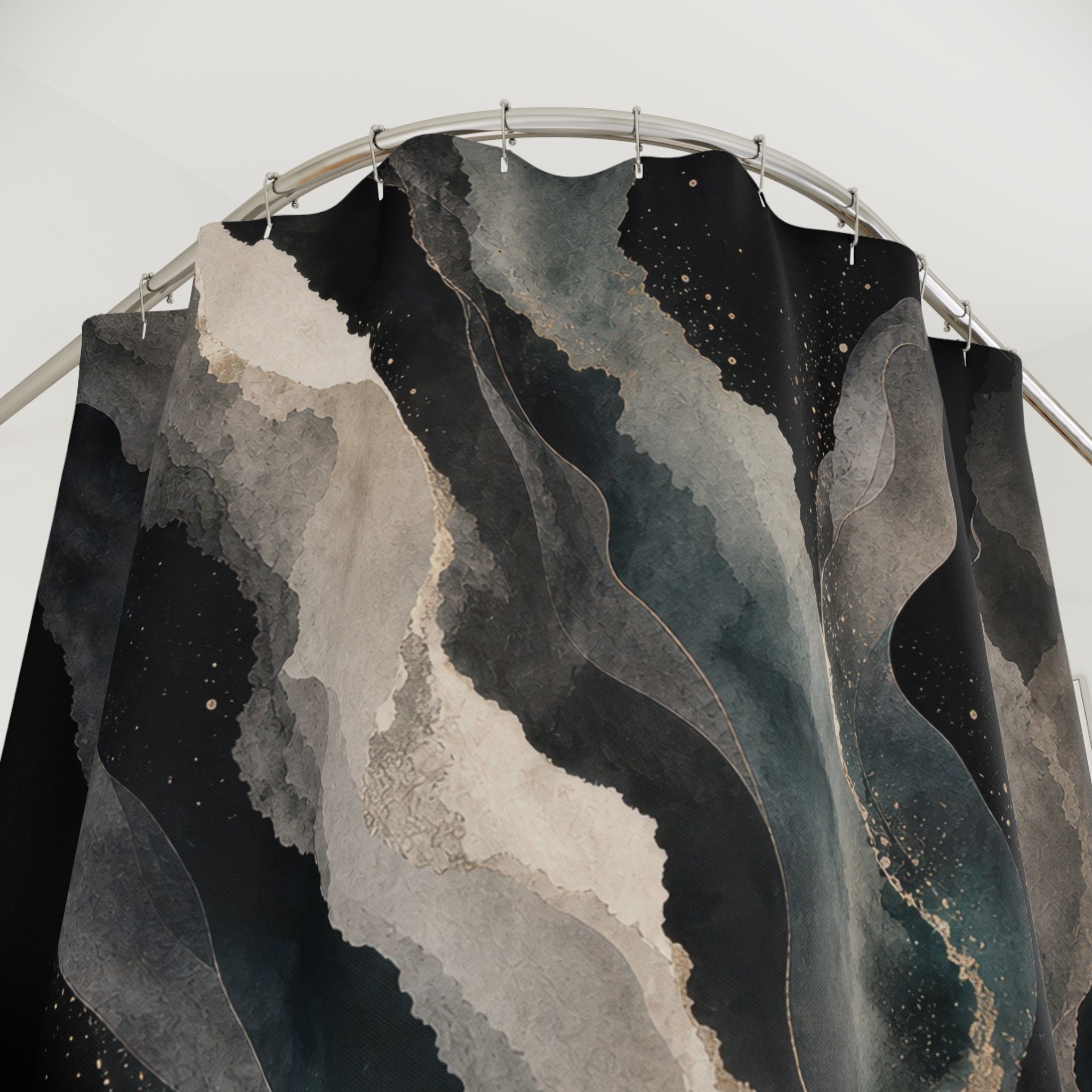 Black Abstract Shower Curtain, Smoky Gray Blue Bath Decor, Modern Mineral Stripe Pattern, Dark Bathroom Decor, Moody Guest Bathroom