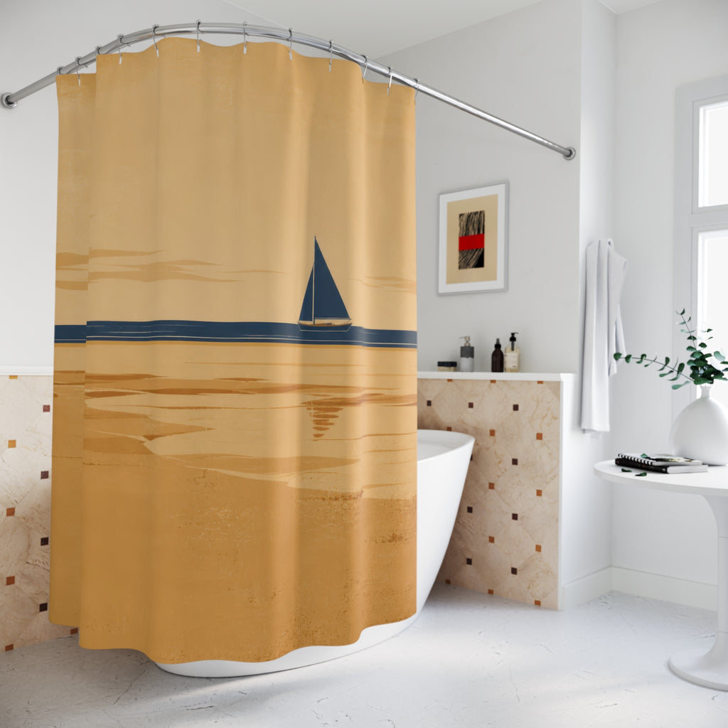 Navy sailboat crossing a broad tan sandbar under a warm sky shower curtain beside a freestanding tub