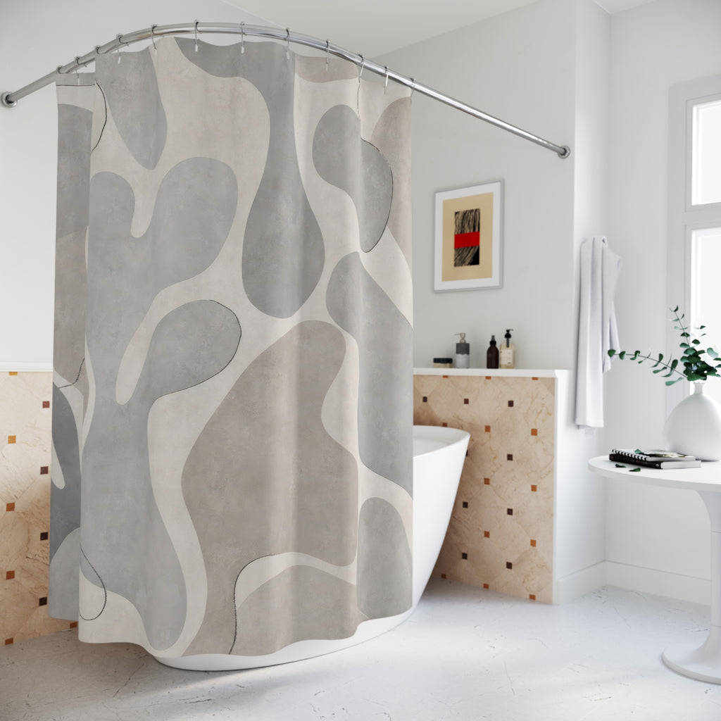 Abstract Shower Curtain, Gray Geometric Bath Decor, Organic Shape Pattern, Modern Neutral Guest Bathroom Decor, Soft Modern Spa Style