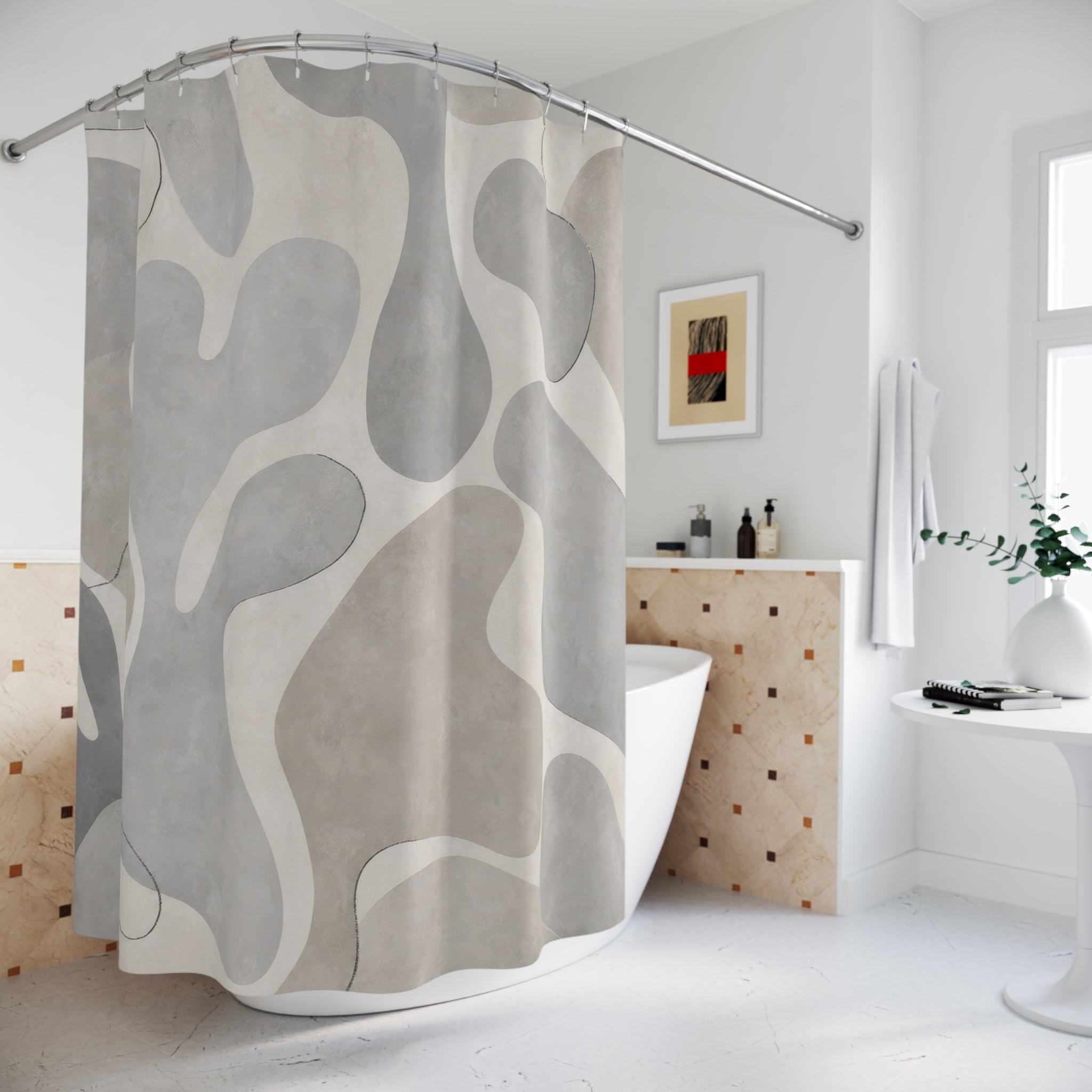 Abstract Shower Curtain, Gray Geometric Bath Decor, Organic Shape Pattern, Modern Neutral Guest Bathroom Decor, Soft Modern Spa Style
