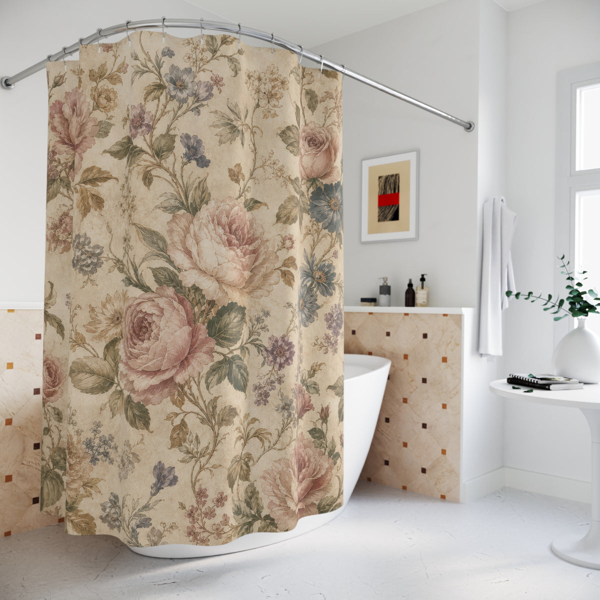 Cottage Floral vintage rose soft shower curtain beside a freestanding tub