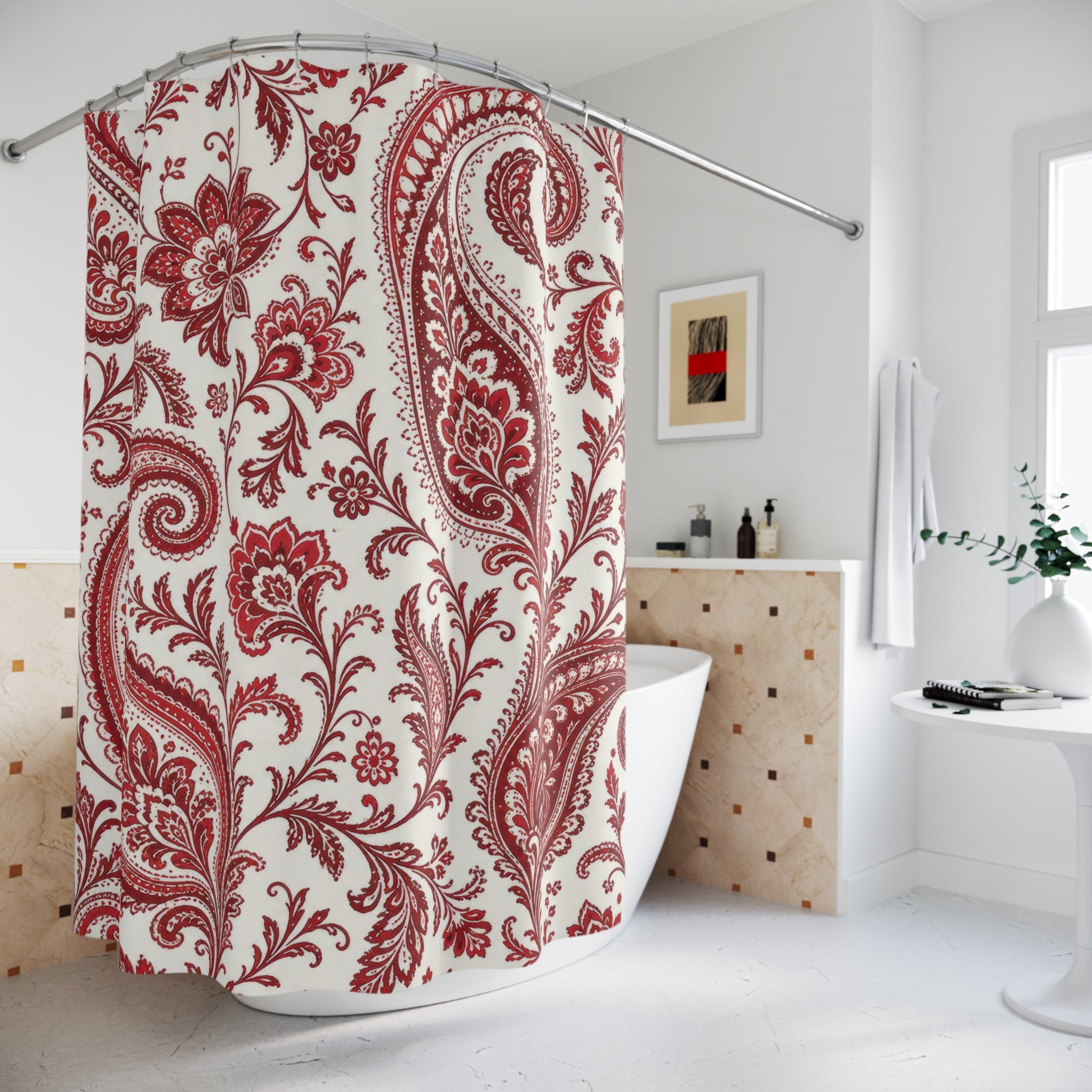 Red White Paisley Shower Curtain