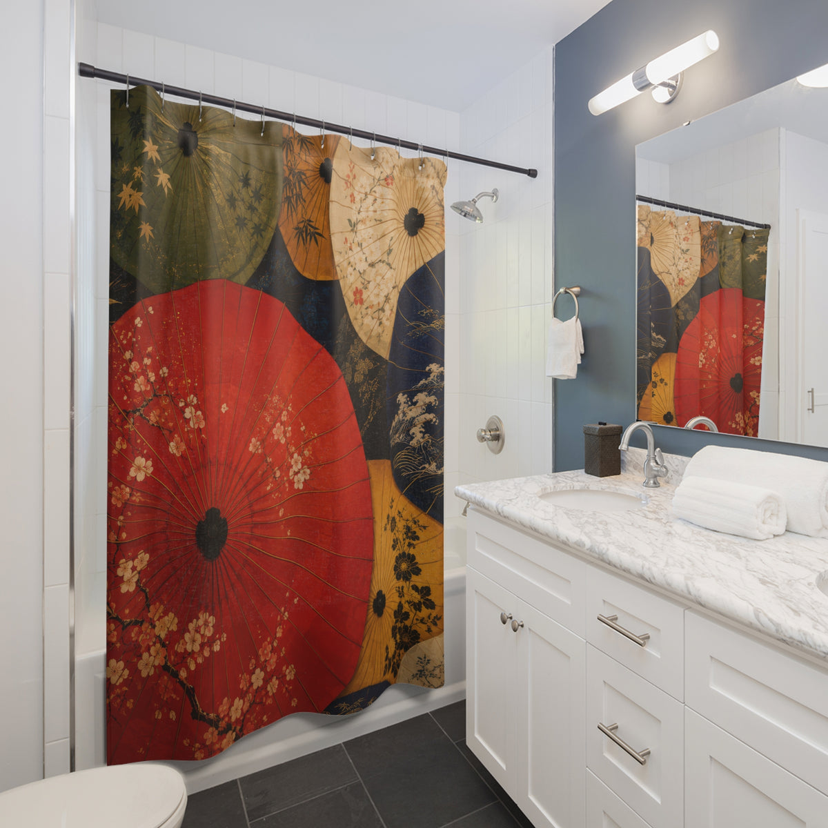 Colorful Japanese wagasa parasol canopy shower curtain beside a white vanity
