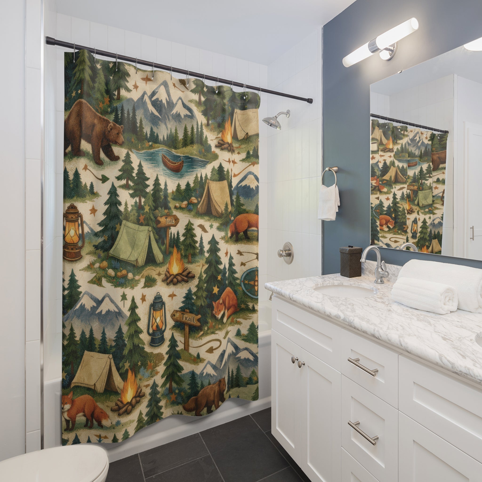 Kids Forest Shower Curtain – Green Woodland Camping