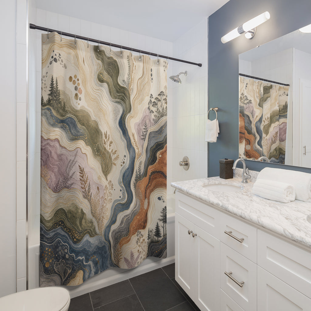 Mountain Agate Shower Curtain, Sage Blue Nature Bathroom Decor, Abstract Landscape Bath Curtain, Guest Bathroom Decor, Cabin Bath Decor