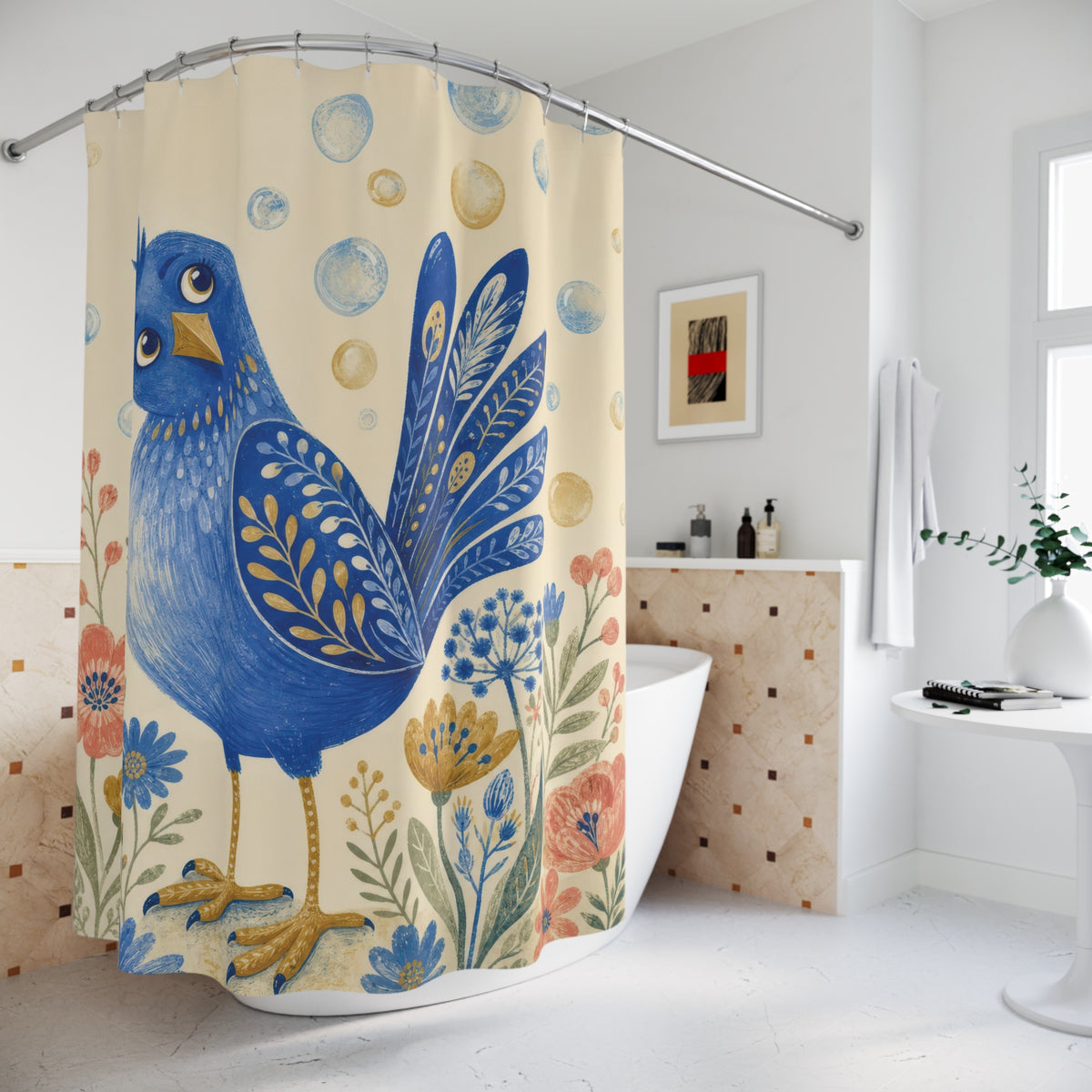 Funny Blue Bird Whimsical Bathroom Decor Floral Bath Curtain shower curtain with close-up print, hooks, and folds