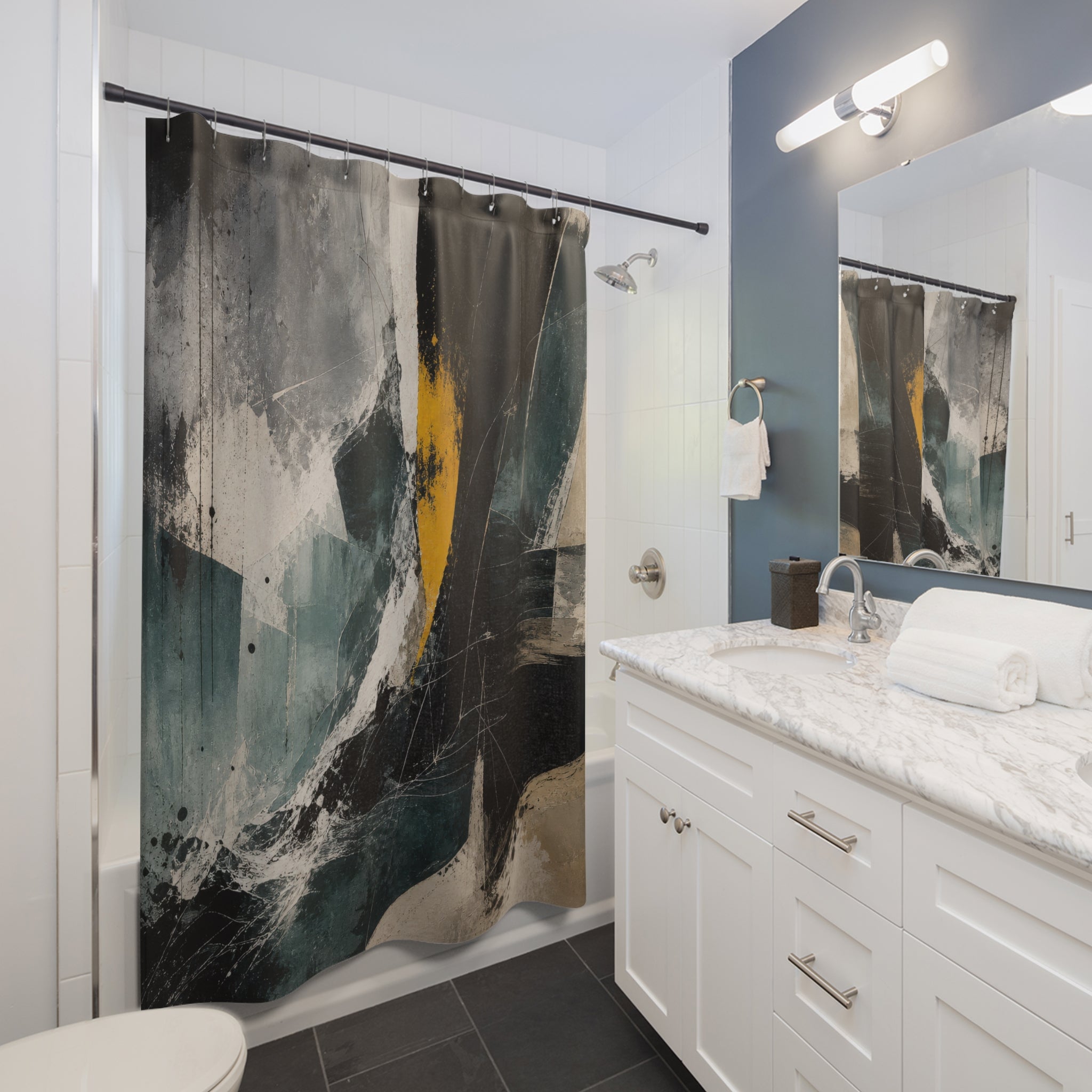 Abstract Shower Curtain, Teal Black White Brushstroke Art, Modern Bathroom Decor, Angular Minimalist Bath, Gold Accent Design, Dark Decor