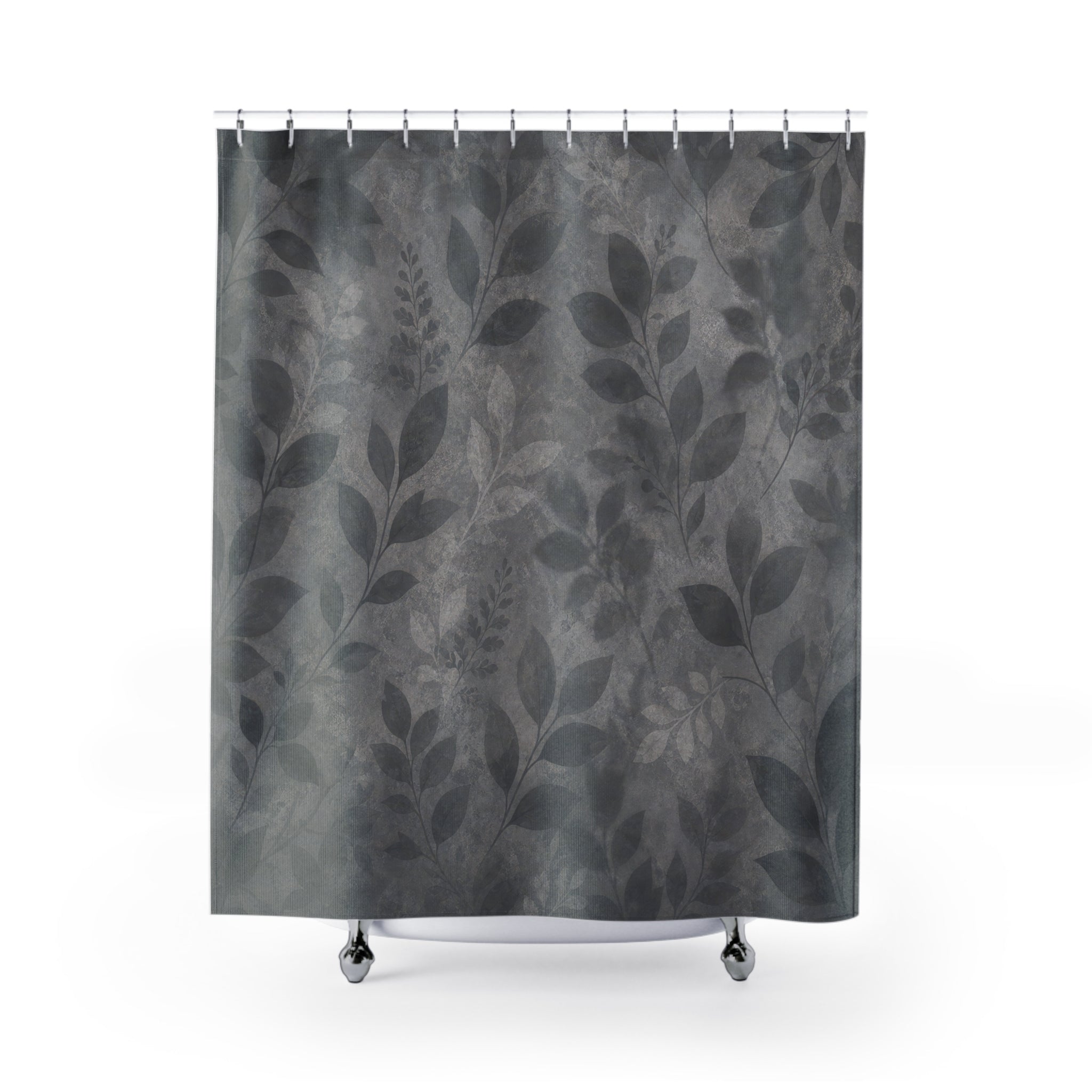 Gray Floral Shower Curtain, Dark Botanical Bath Decor, Leaf Vine Pattern, Moody Neutral Guest Bathroom Decor, Soft Garden Charcoal Style