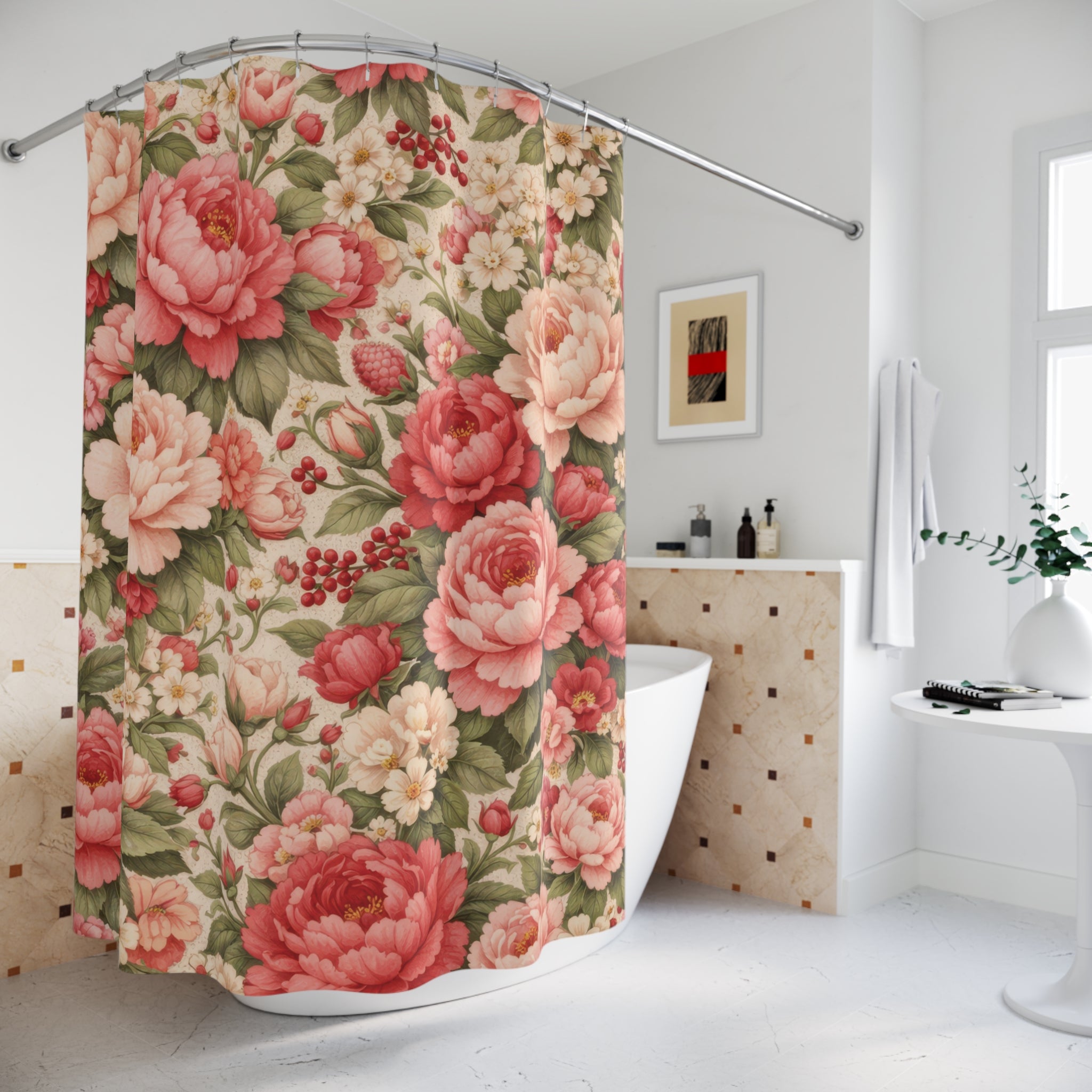 Pink Floral Shower Curtain – Blush Peony Garden