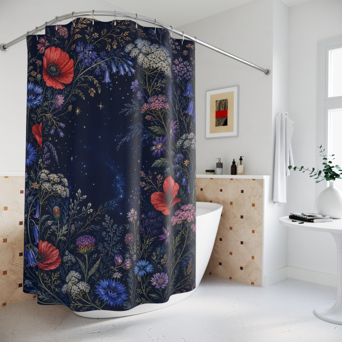 Midnight wild flower border with red poppies and blue cornflowers shower curtain beside a freestanding tub