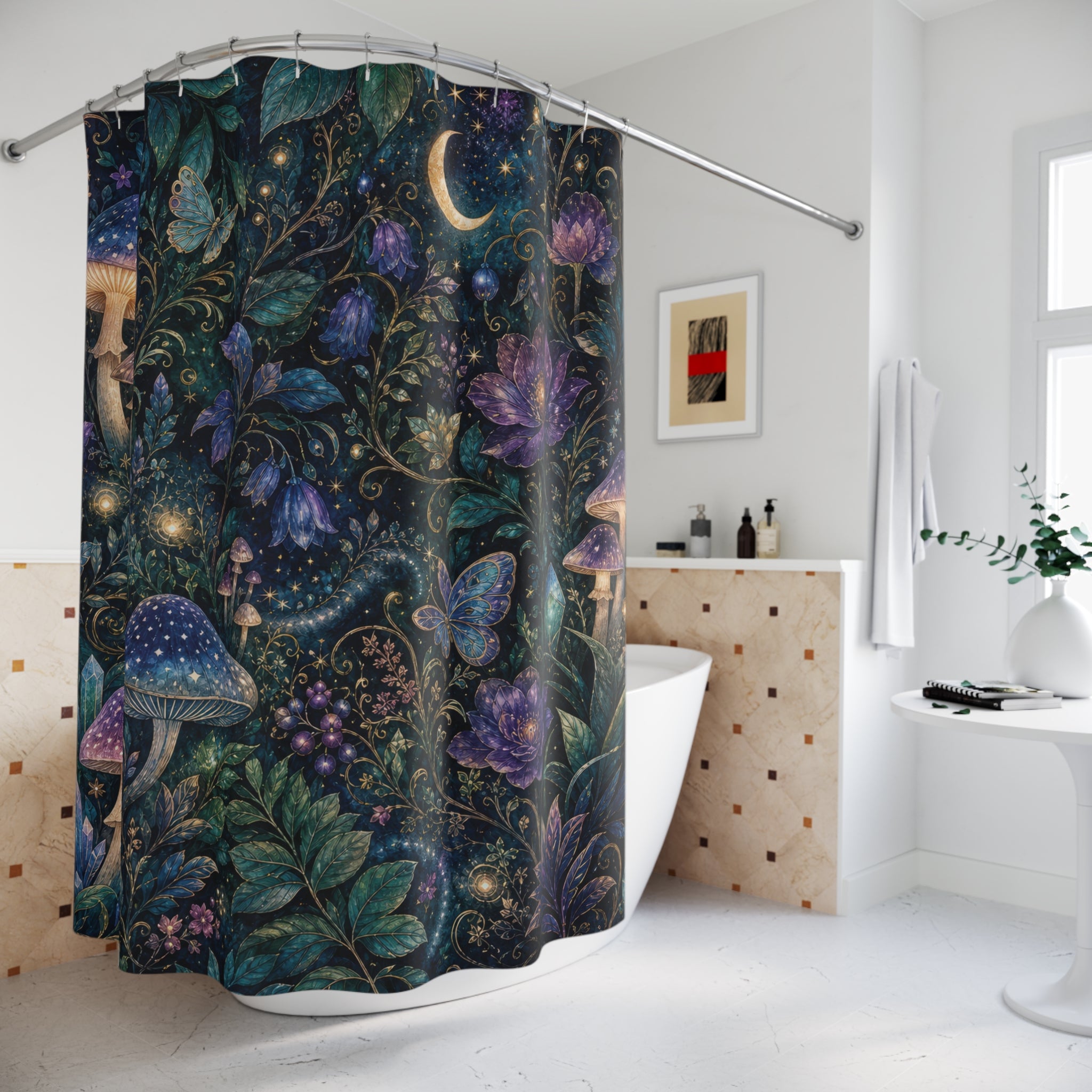 Fantasy Shower Curtain: Moon Mushroom Forest Pattern