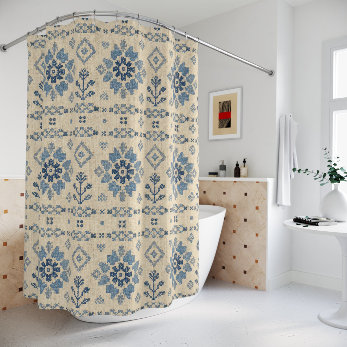 Blue Coverlet Floral farmhouse style shower curtain beside a freestanding tub