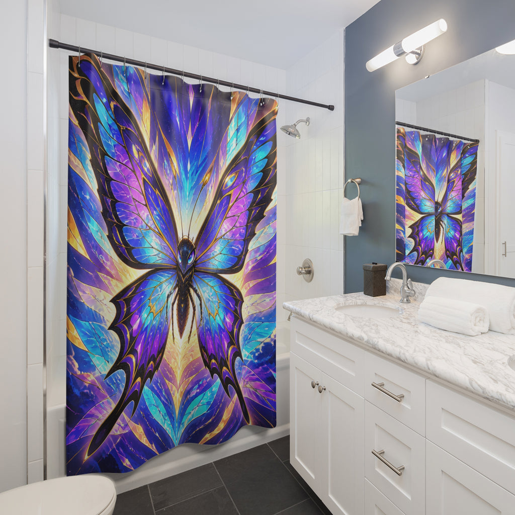 Prismatic butterfly spirit rising through a radiant wingburst shower curtain beside a white vanity