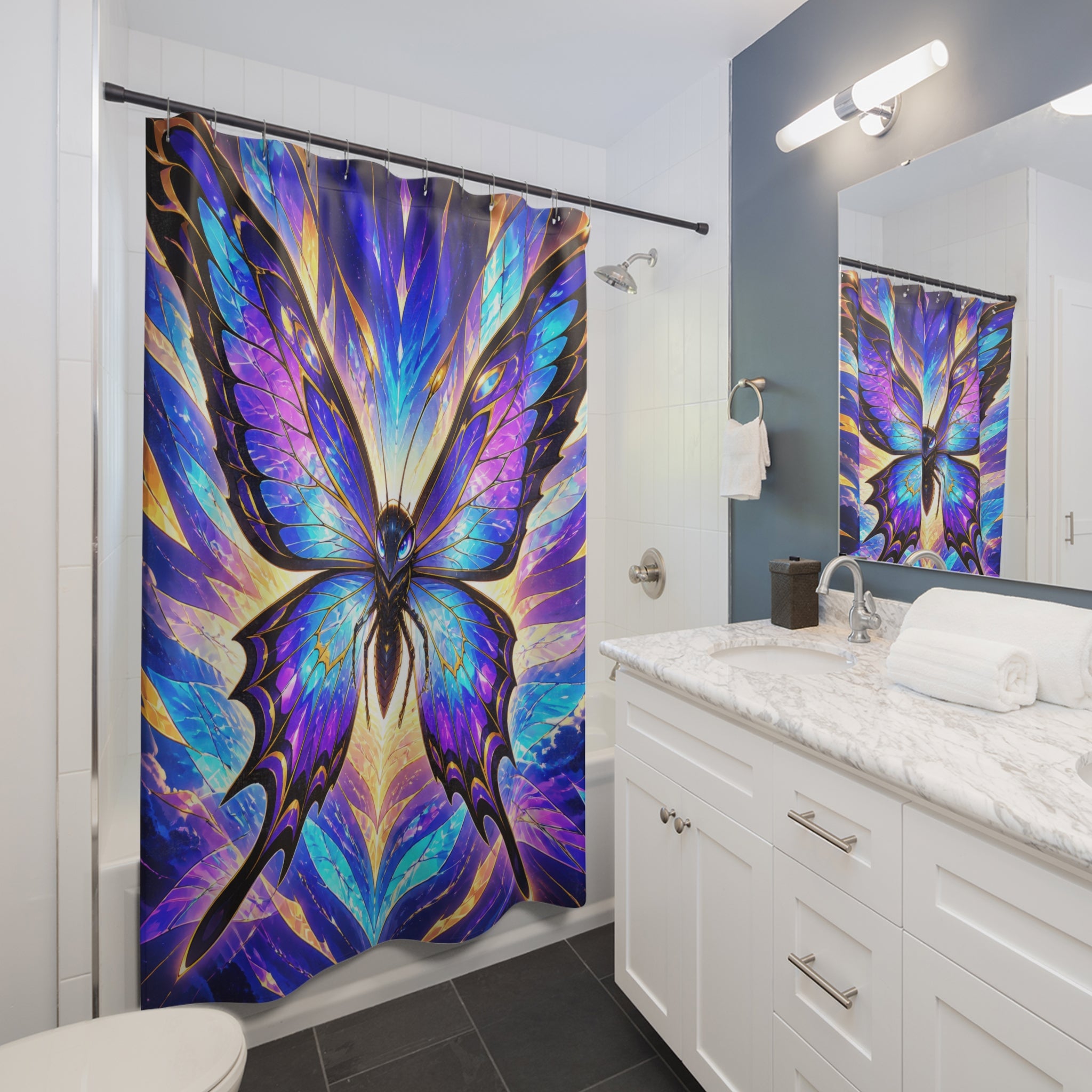 Prismatic butterfly spirit rising through a radiant wingburst shower curtain beside a white vanity